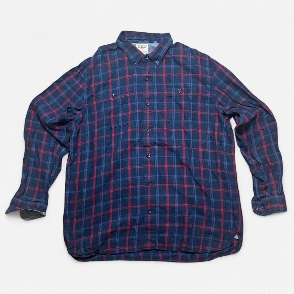 LL Bean Blue and‎ Red Flannel Long Sleeve Organic Cotton Size XL